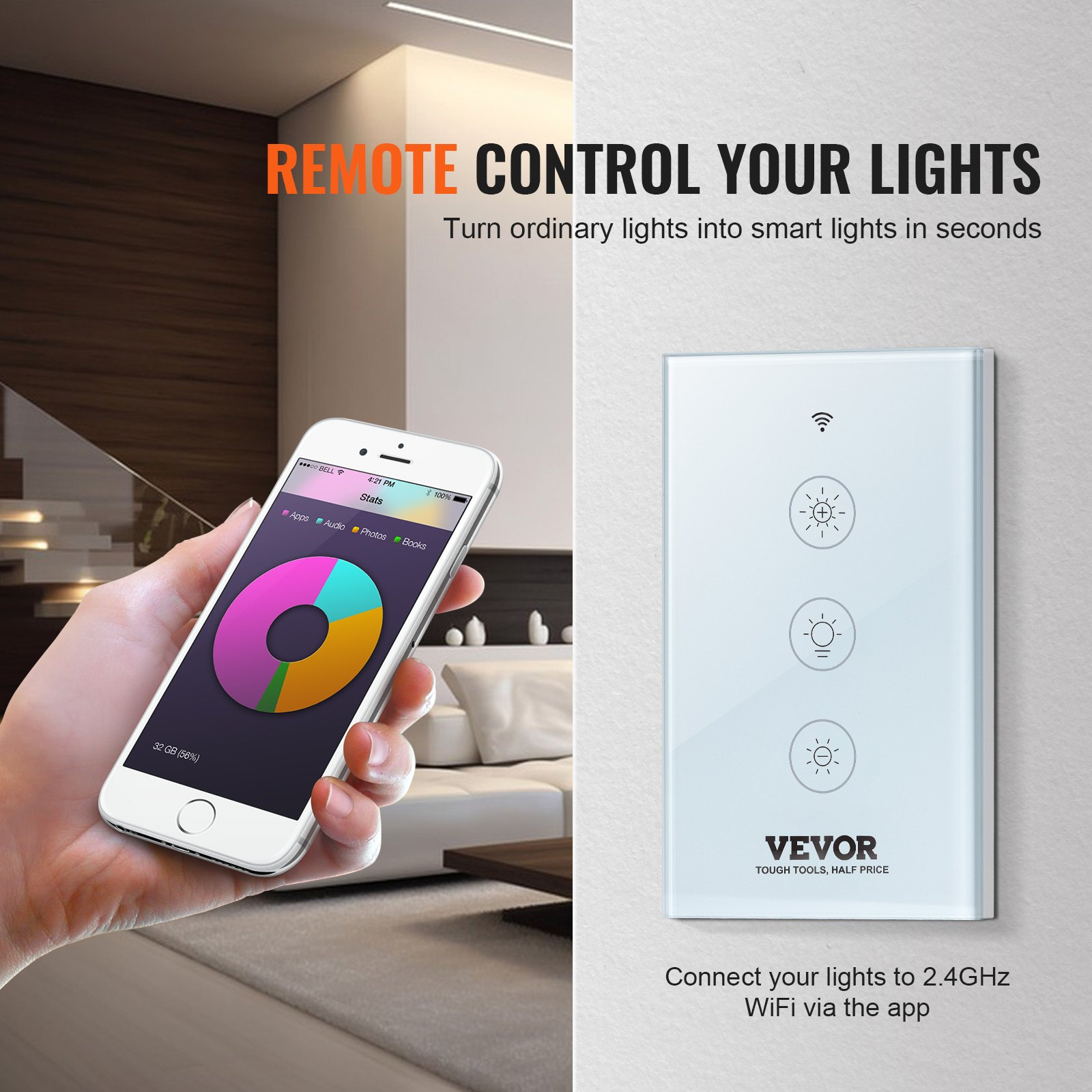Start2Finish VEVOR WiFi smart light dimmer switch with touch panel, app control, and voice compatibility for LED lighting.