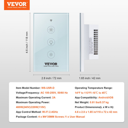Start2Finish VEVOR WiFi smart light dimmer switch with touch panel, app control, and voice compatibility for LED lighting.