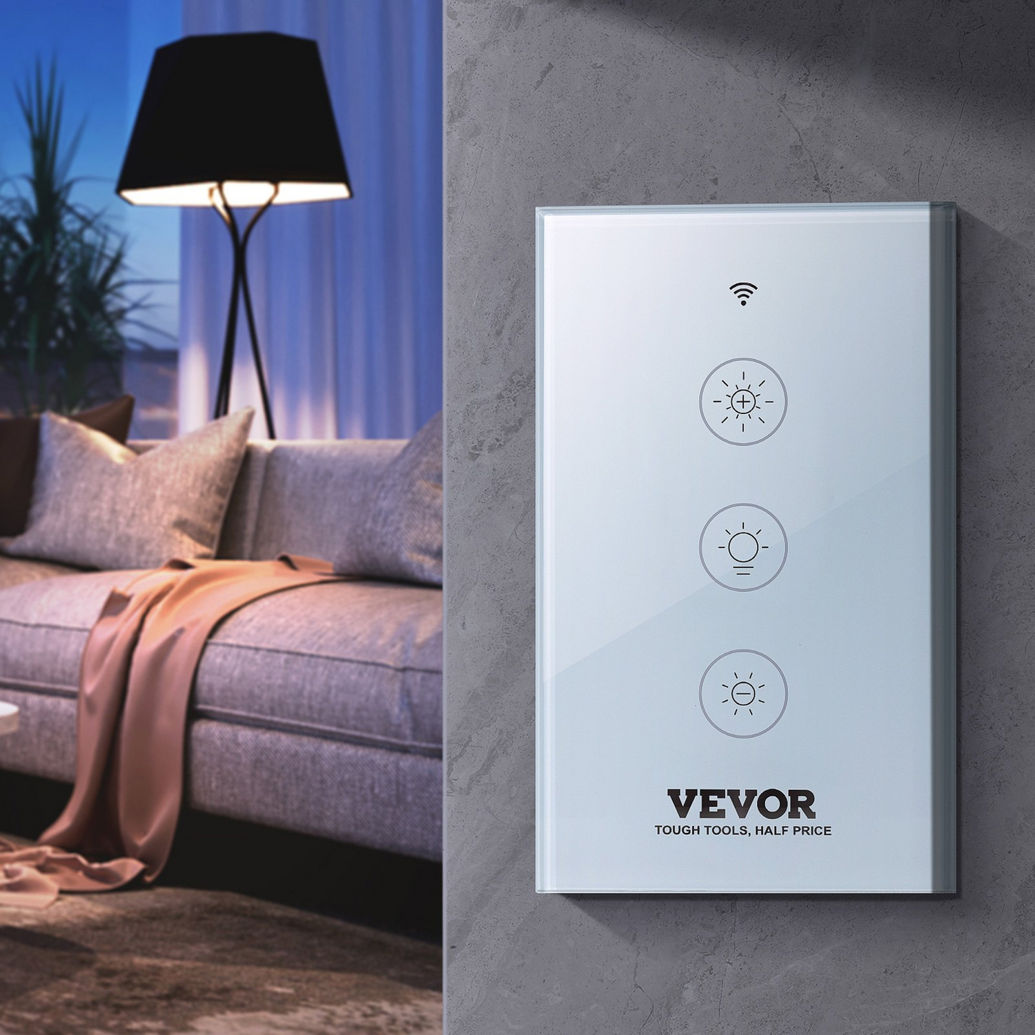 Start2Finish VEVOR WiFi smart dimmer switch with touch panel, app control, voice compatibility, 100-250V AC, stepless LED dimming