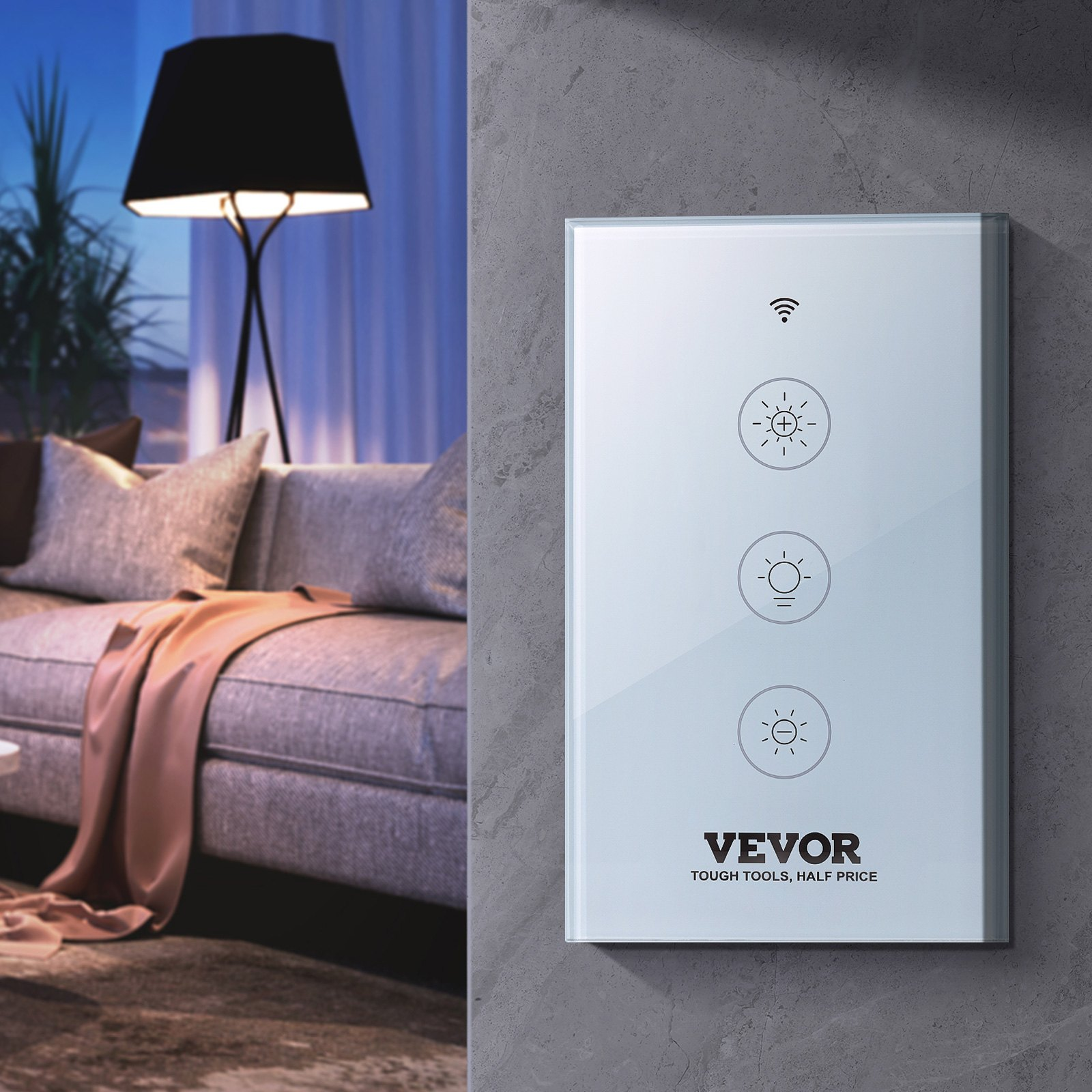 Start2Finish VEVOR WiFi smart dimmer switch with touch panel, app control, voice compatibility, 100-250V AC, stepless LED dimming
