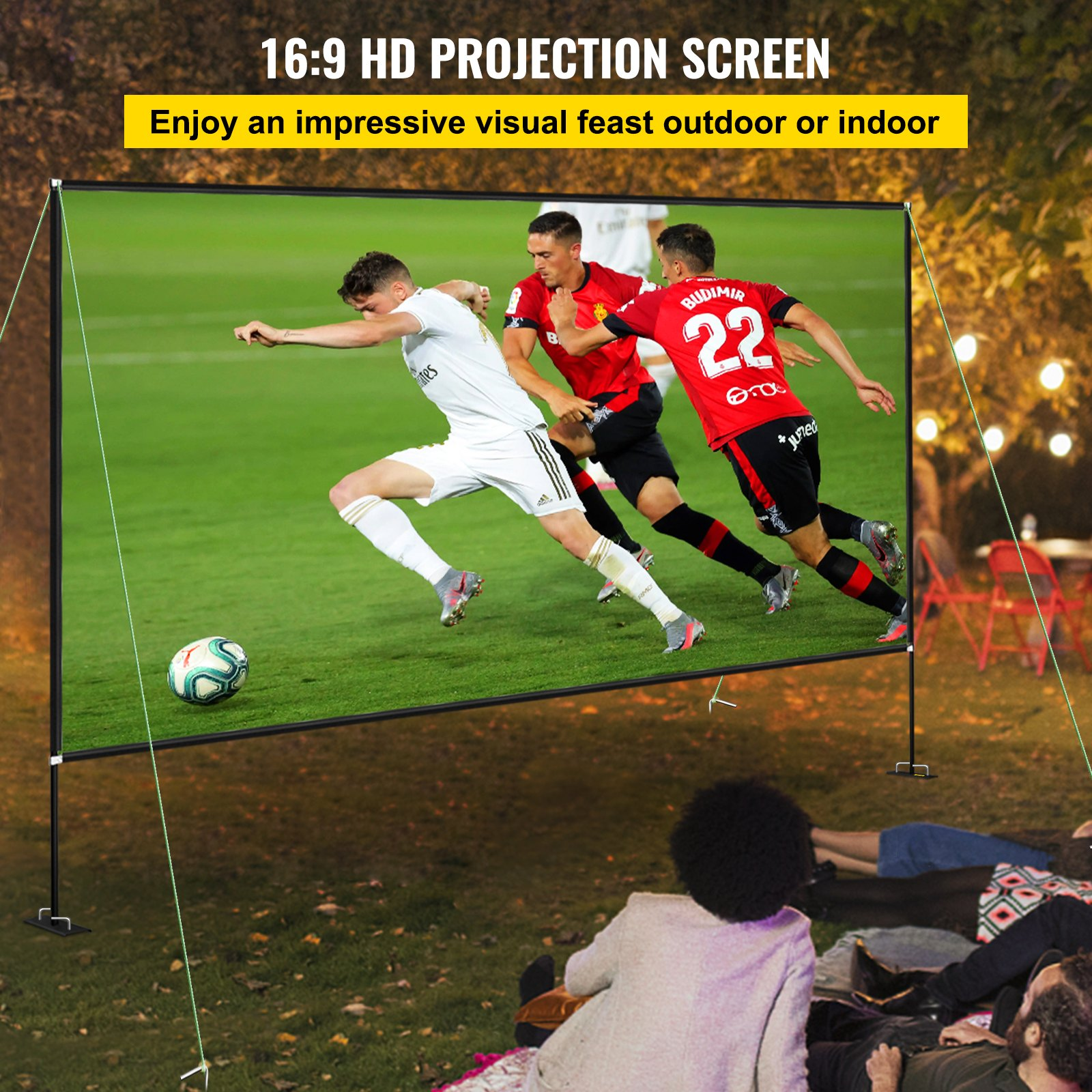 Start2Finish 150-inch portable projector screen with stand, outdoor movie screen, 16:9 aspect ratio, easy assembly, and storage bag.