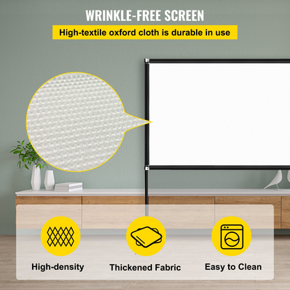 Start2Finish 150-inch portable projector screen with stand, 16:9 aspect ratio, outdoor use, and easy assembly with storage bag.