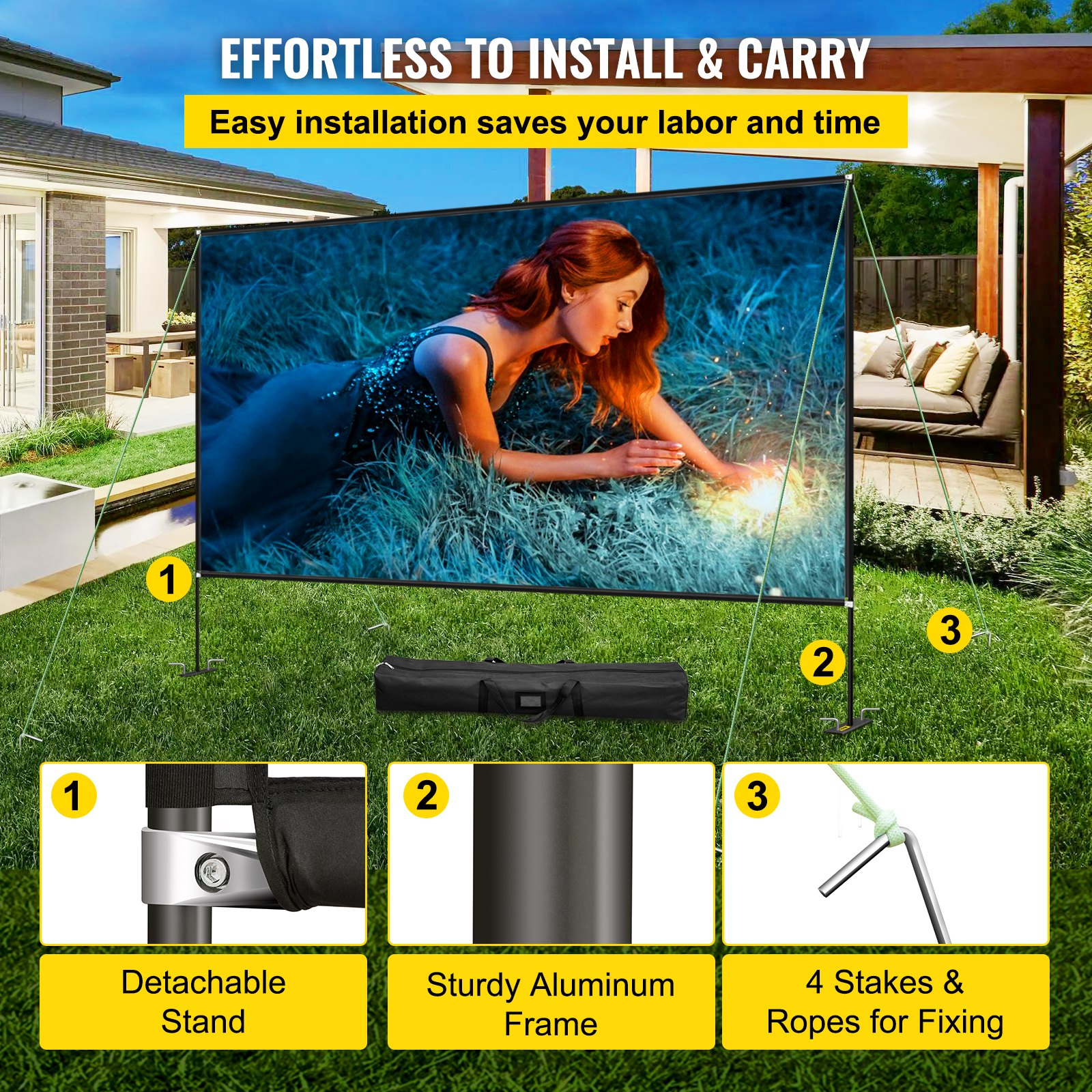 Start2Finish 150-inch portable VEVOR projector screen on stand, outdoor movie screen with storage bag, suitable for home theater and outdoor use.