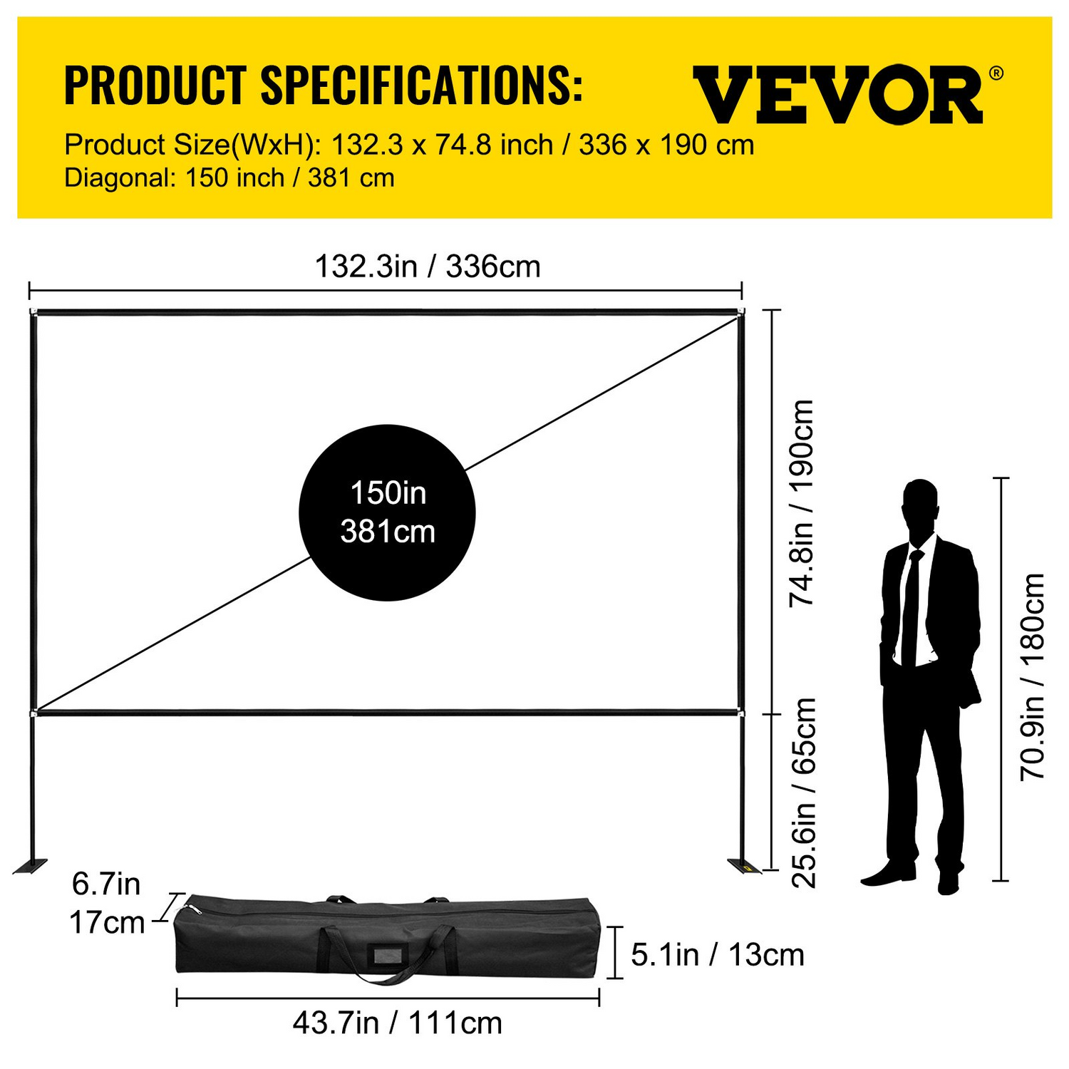 Start2Finish 150-inch portable VEVOR projector screen with stand, outdoor movie screen, 16:9 ratio, easy assembly, and storage bag.