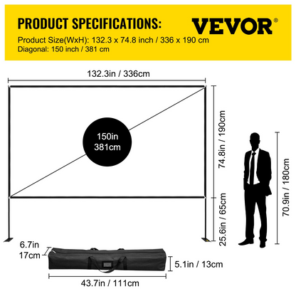 Start2Finish 150-inch portable VEVOR projector screen with stand, outdoor movie screen, 16:9 ratio, easy assembly, and storage bag.