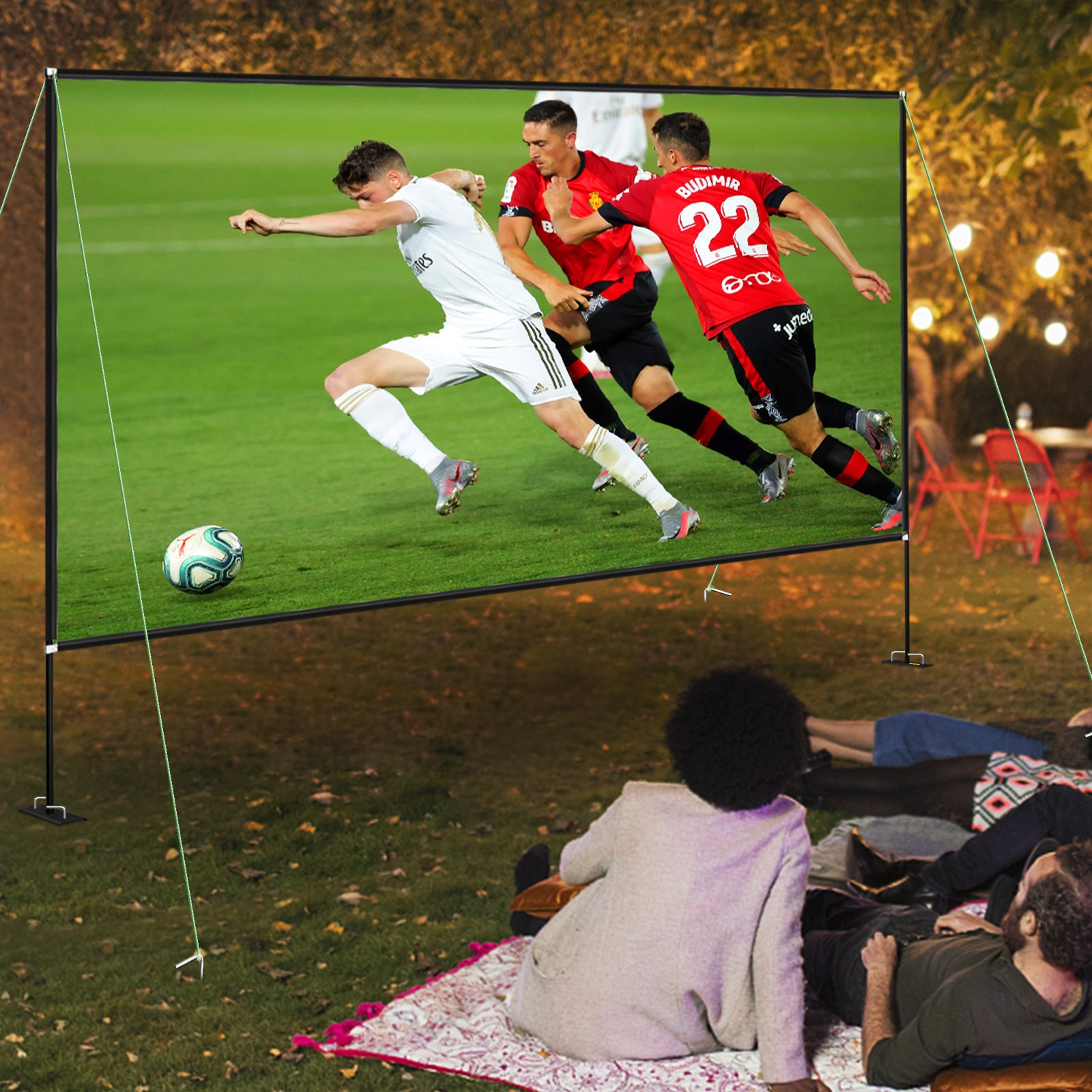Start2Finish 150-inch portable projector screen on stand, 16:9 aspect ratio, outdoor/indoor use, with storage bag and easy assembly.