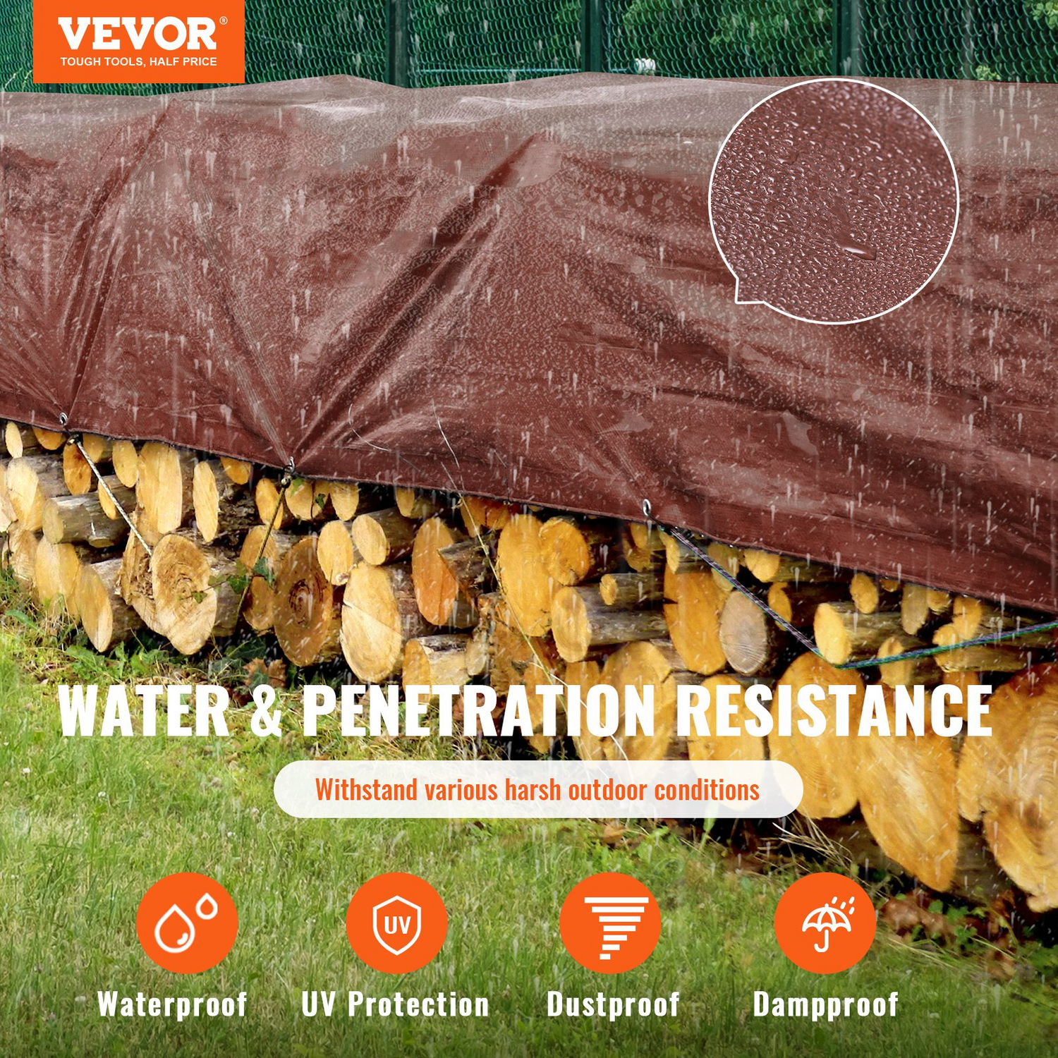 Start2Finish VEVOR 20x40 ft waterproof brown poly tarp with grommets and reinforced edges, ideal for outdoor truck, RV, boat, or camping covers.