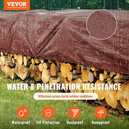 Start2Finish VEVOR 20x40 ft waterproof brown poly tarp with grommets and reinforced edges, ideal for outdoor truck, RV, boat, or camping covers.