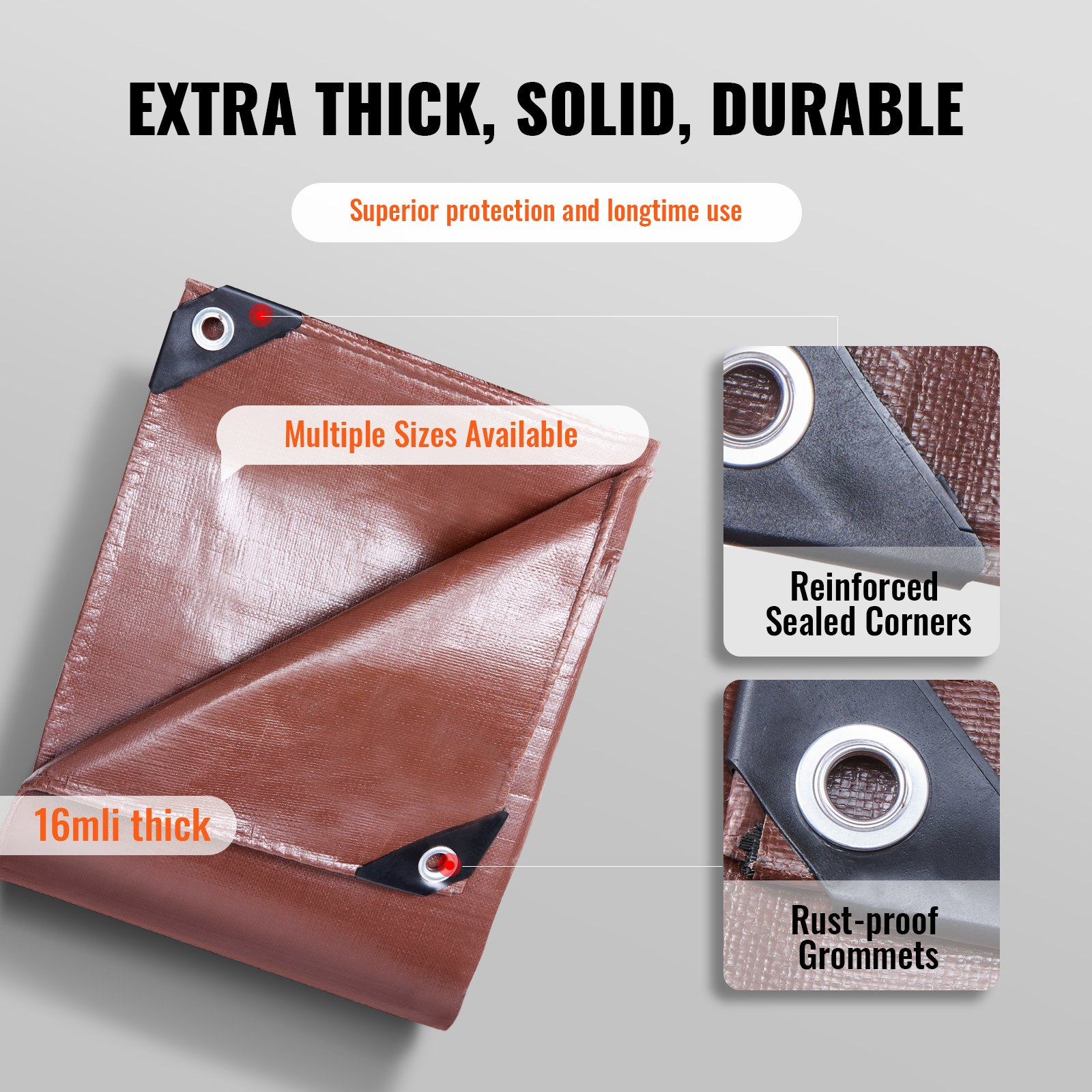 Start2Finish VEVOR 20x40 ft waterproof brown poly tarp with grommets and reinforced edges, ideal for outdoor truck, RV, boat, camping.