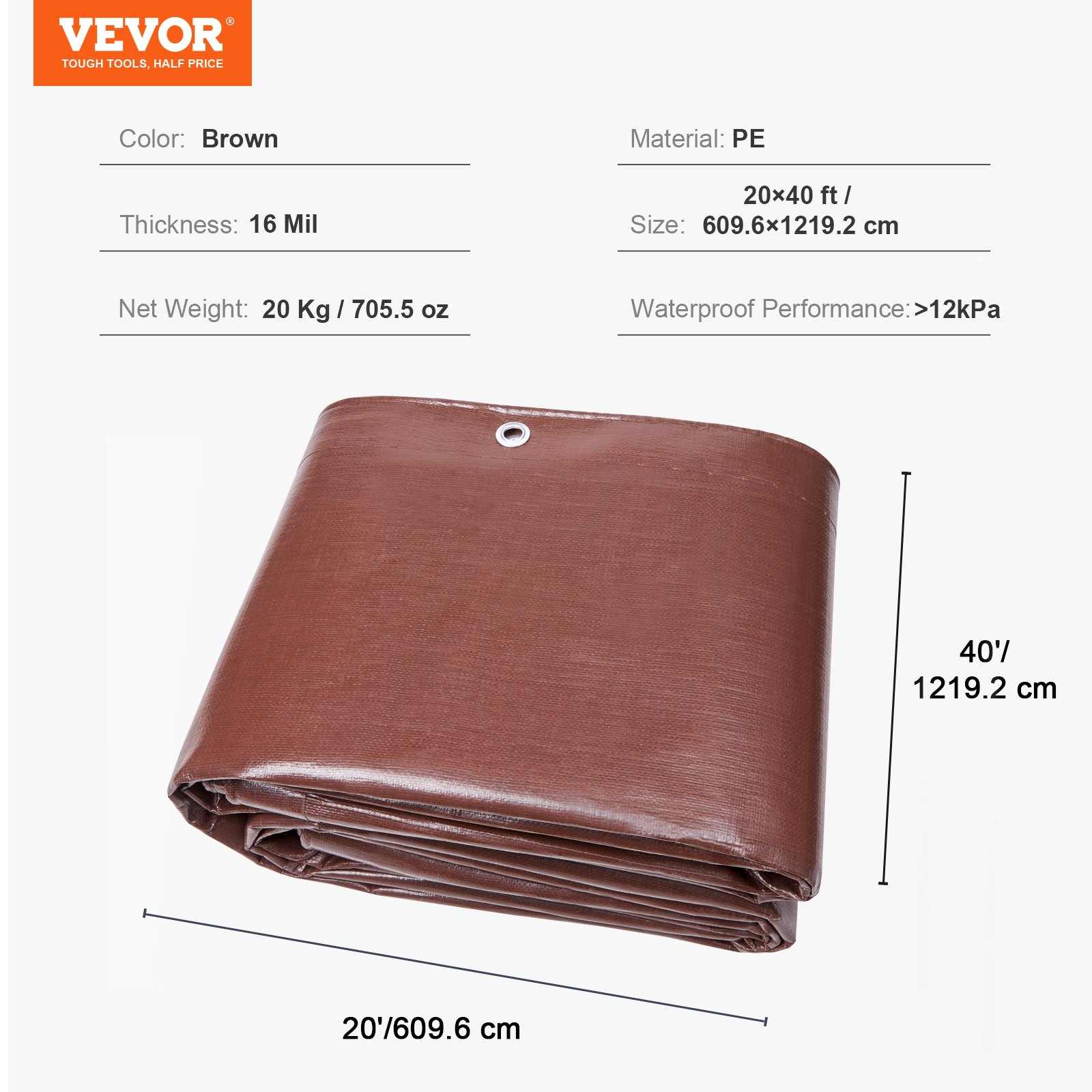 Start2Finish VEVOR 20x40 ft waterproof brown poly tarp with grommets, reinforced edges, perfect for outdoor truck, RV, boat, camping
