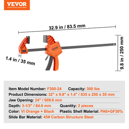 Start2Finish VEVOR woodworking bar clamps, 24-inch, one-handed F clamps with quick-change feature and 300 lbs load capacity.