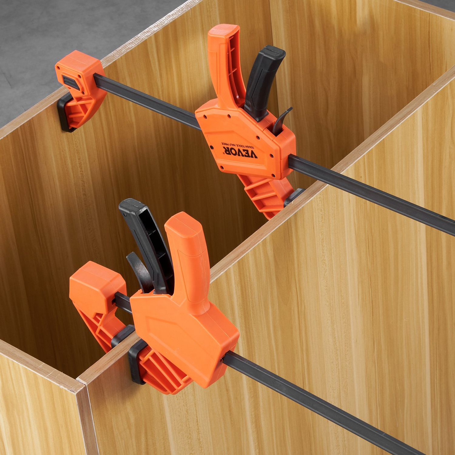 Start2Finish VEVOR woodworking bar clamps, 24-inch F clamps with quick-change head, high-strength plastic and steel, 2-pack.