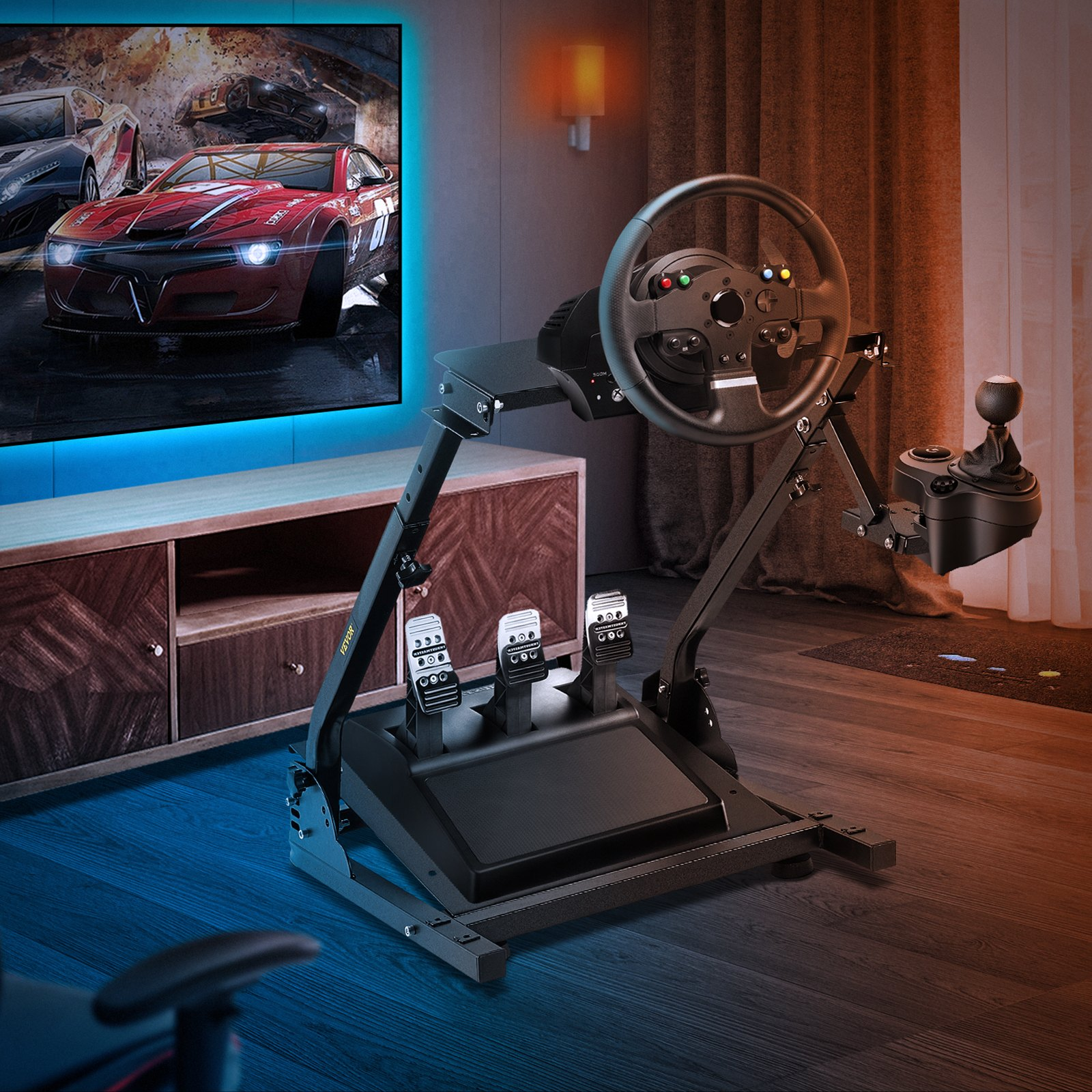 Start2Finish VEVOR G920 racing steering wheel stand with shifter mount for Logitech G27, G25, G29 gaming wheel and pedal setup.