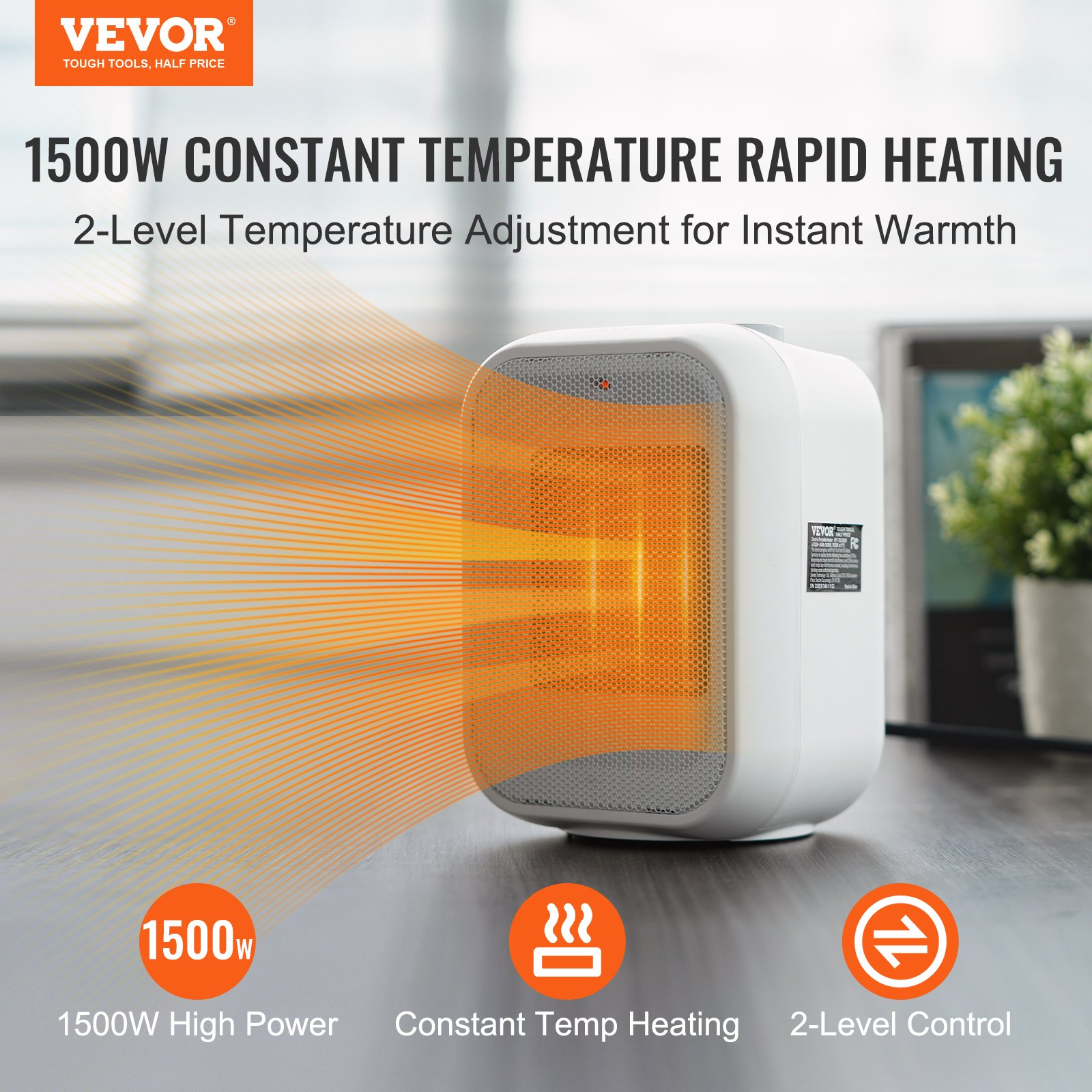 Start2Finish VEVOR portable electric space heater with thermostat, 1000W/1500W ceramic fan, compact indoor heater for office or desk