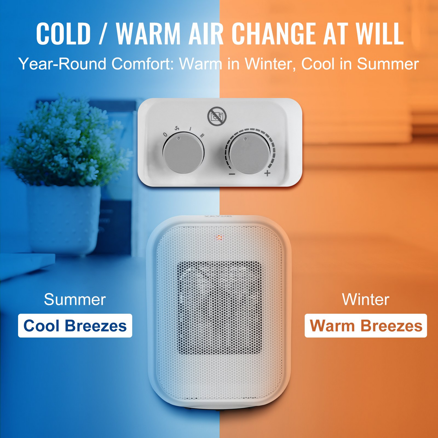 Start2Finish VEVOR portable electric space heater with thermostat, 1000W/1500W ceramic fan, compact indoor heater for office or desk.