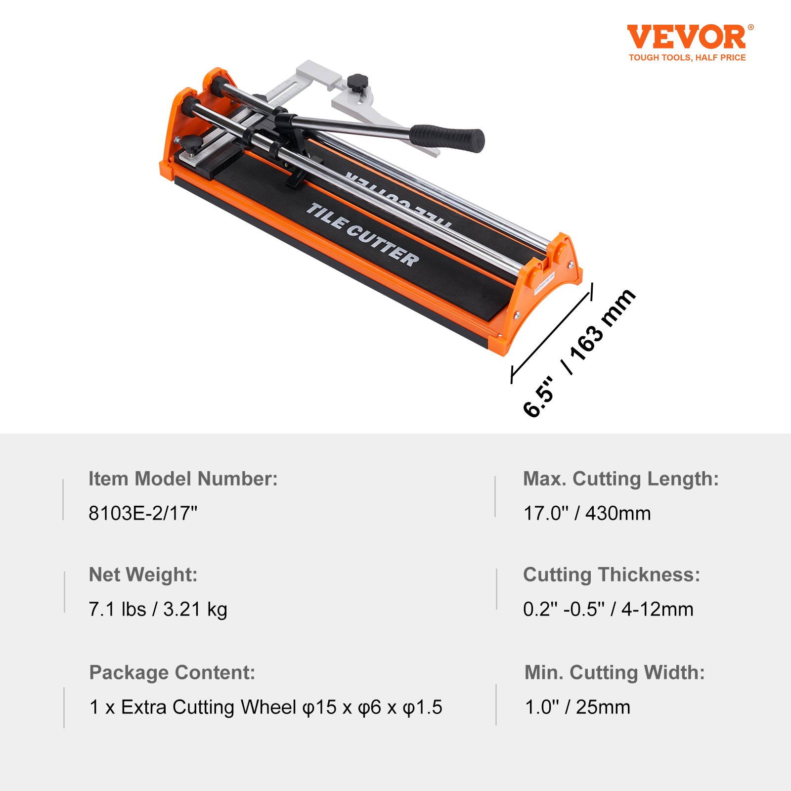 Start2Finish VEVOR 17-inch manual tile cutter for porcelain and ceramic with tungsten carbide wheel, infrared guide, and anti-skid feet.