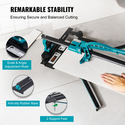 Start2Finish VEVOR 32-inch manual tile cutter with tungsten carbide wheel, infrared guide, anti-skid feet, and durable rails.