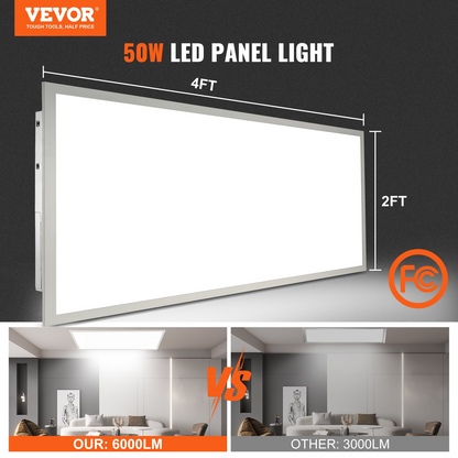Start2Finish VEVOR 2x4 ft LED flat panel light with adjustable color temperature, 6000 lumens, 50W, surface mount ceiling fixture.