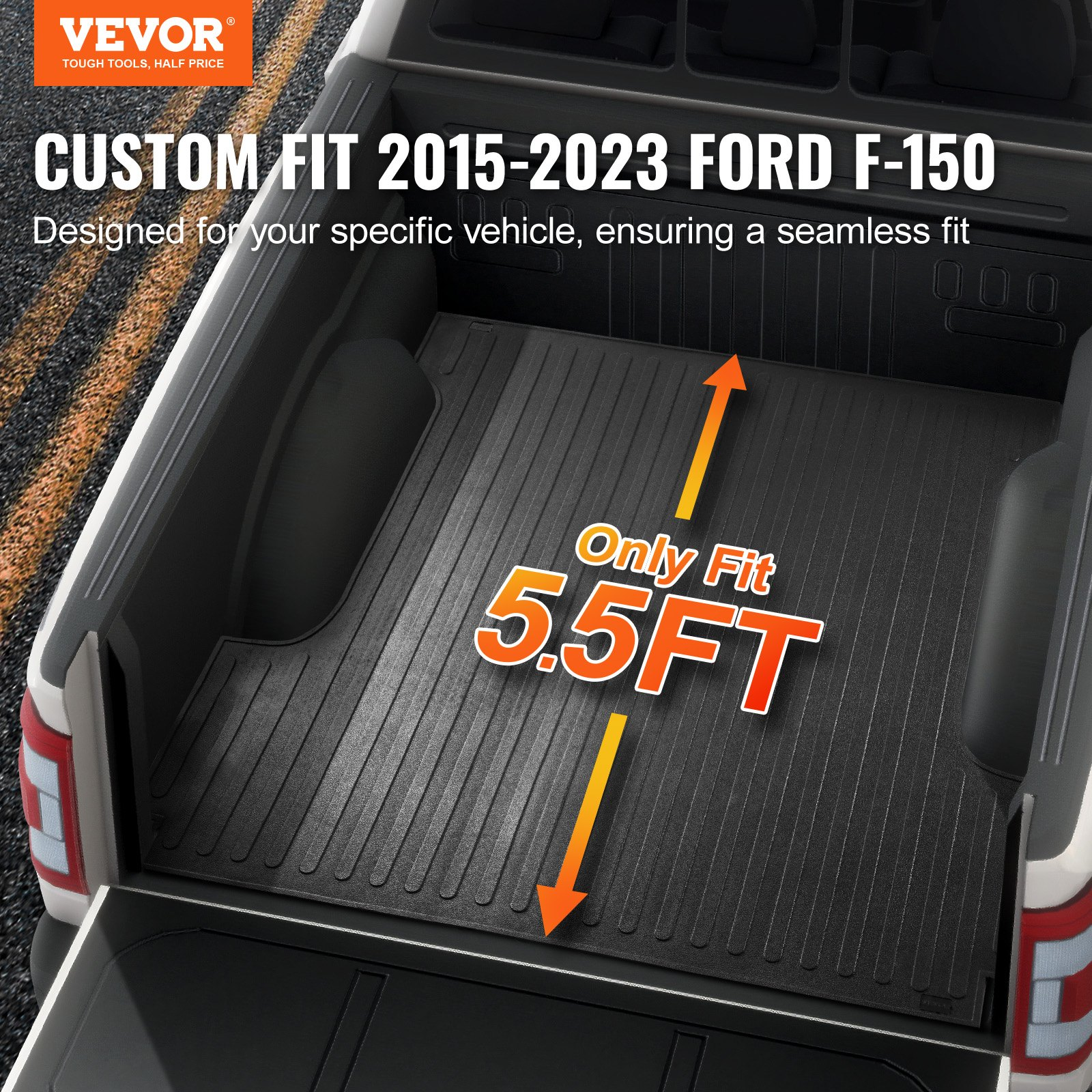 Start2Finish VEVOR truck bed mat for Ford F150 2015-2023, 5.5 ft short bed, rubber, anti-slip, 1/4 inch thick, all-weather protection