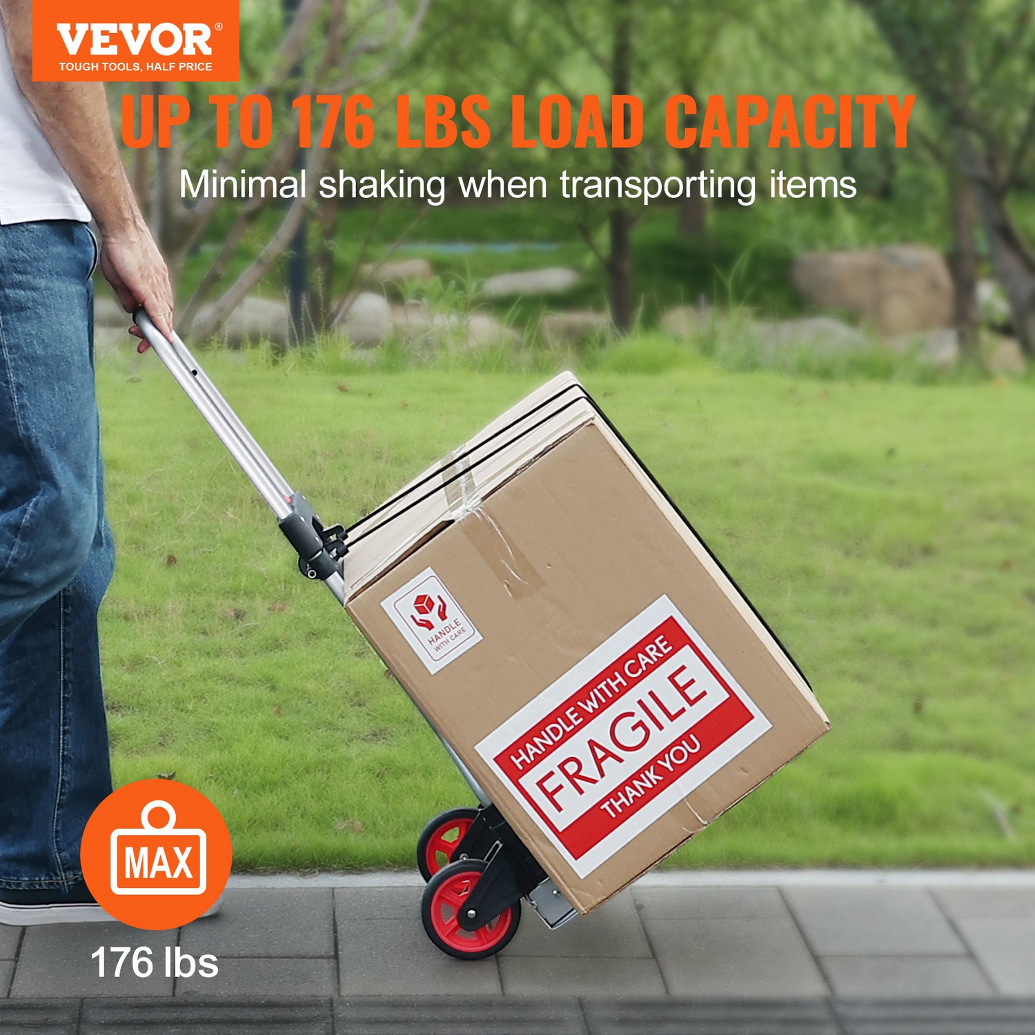 Start2Finish VEVOR folding hand truck with telescoping handle, aluminum frame, PP+TPR wheels, suitable for home, office, and travel.