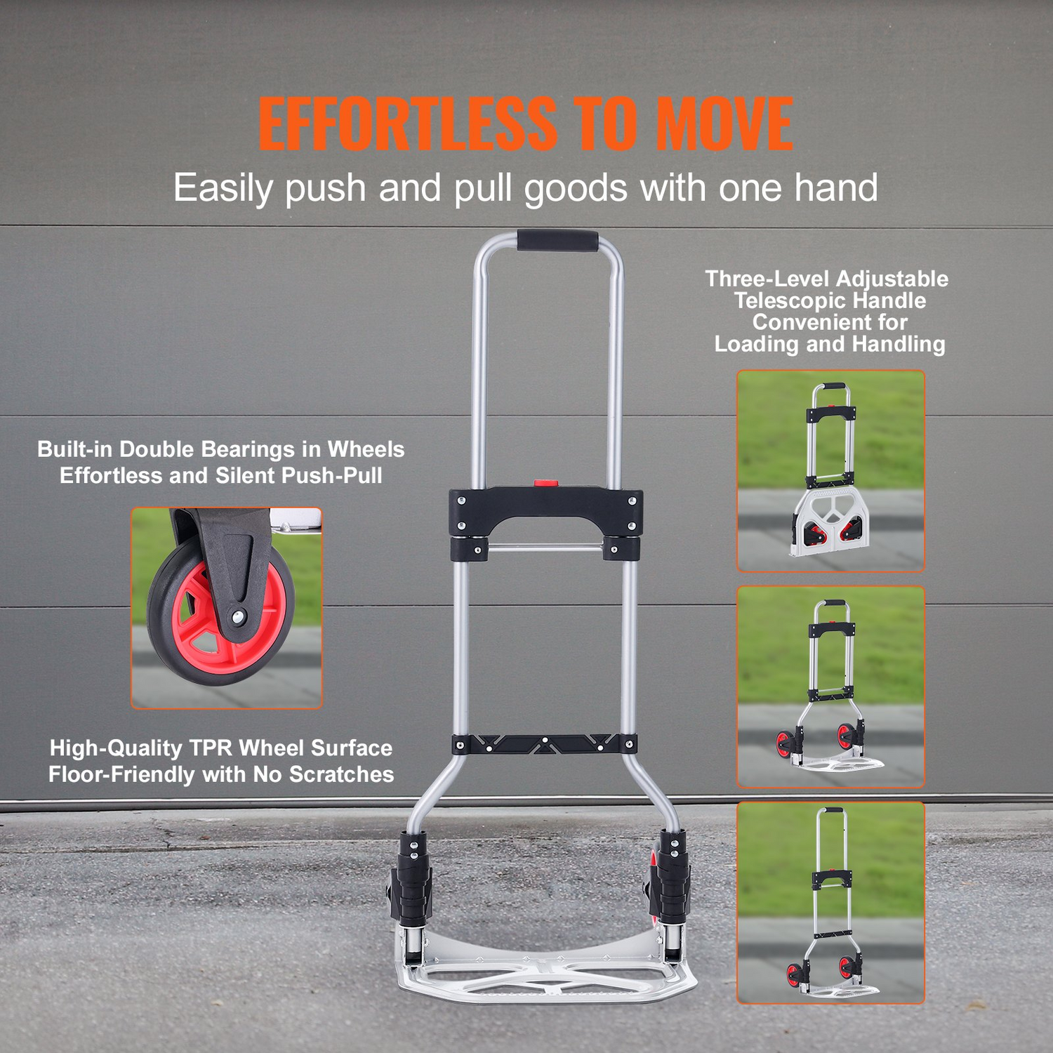 Start2Finish VEVOR folding hand truck with telescoping handle, aluminum frame, PP+TPR wheels, 176 lbs capacity for home and travel.