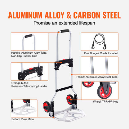 Start2Finish VEVOR folding hand truck with telescoping handle, aluminum frame, PP+TPR wheels, supporting 176 lbs for home and travel.