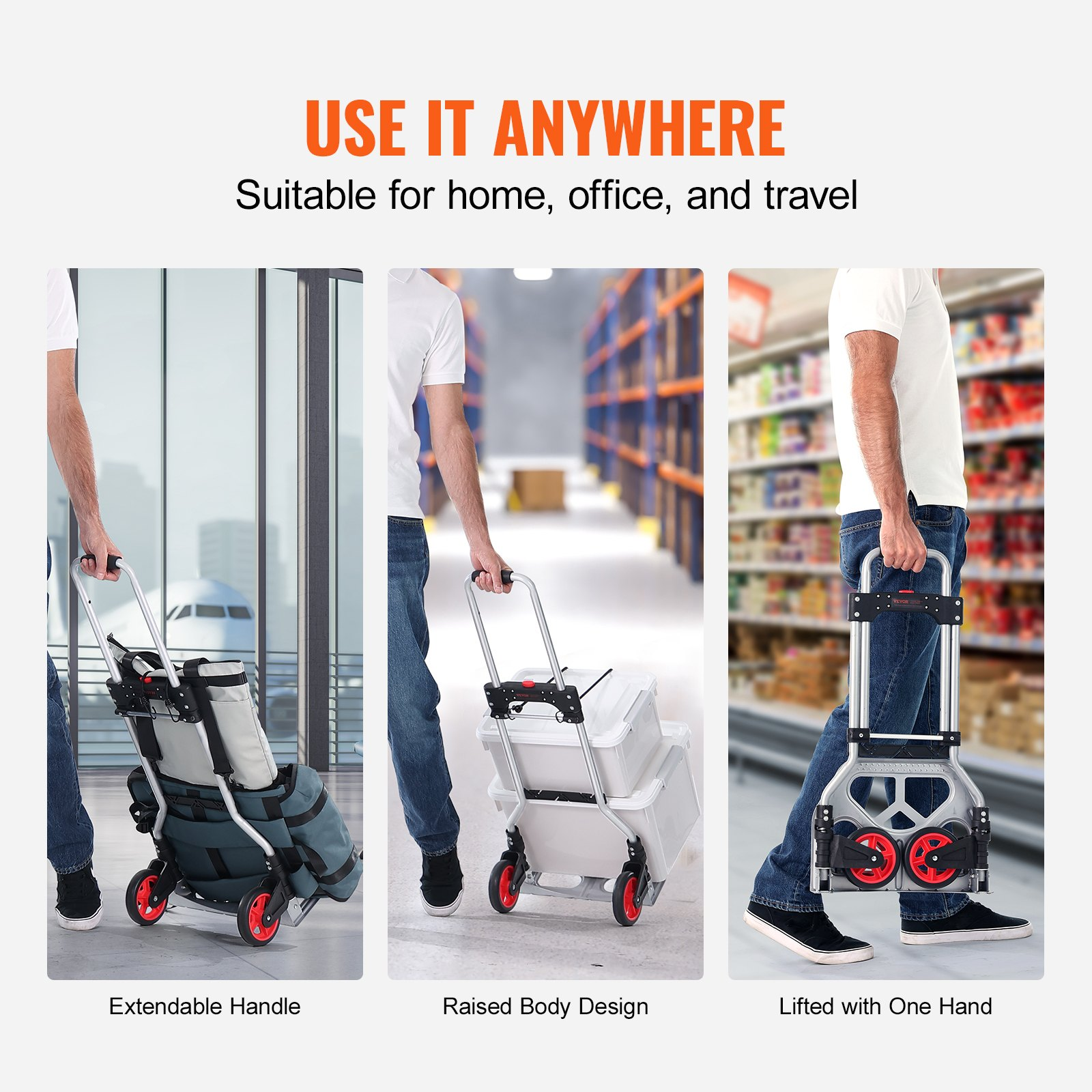 Start2Finish VEVOR folding hand truck with telescoping handle, aluminum frame, PP+TPR wheels, for home, office, and travel use.