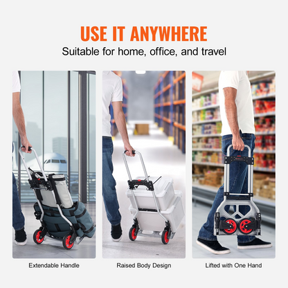 Start2Finish VEVOR folding hand truck with telescoping handle, aluminum frame, PP+TPR wheels, for home, office, and travel use.