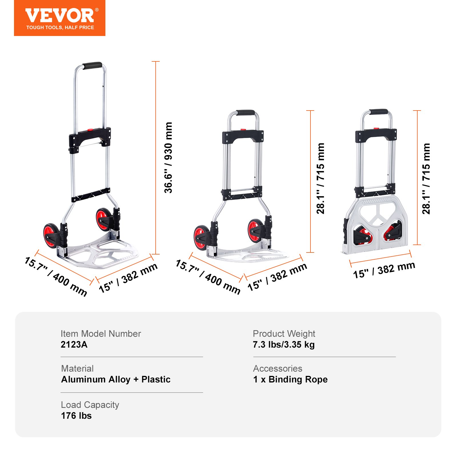 Start2Finish VEVOR folding hand truck with telescoping handle, aluminum frame, PP+TPR wheels, suitable for home, office, and travel.