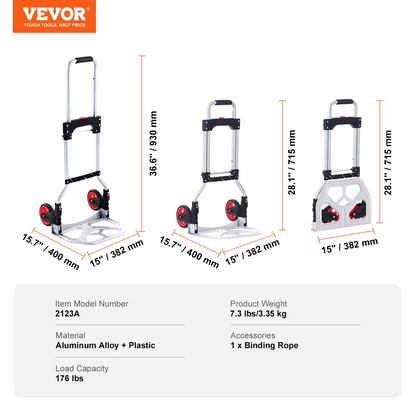 Start2Finish VEVOR folding hand truck with telescoping handle, aluminum frame, PP+TPR wheels, suitable for home, office, and travel.