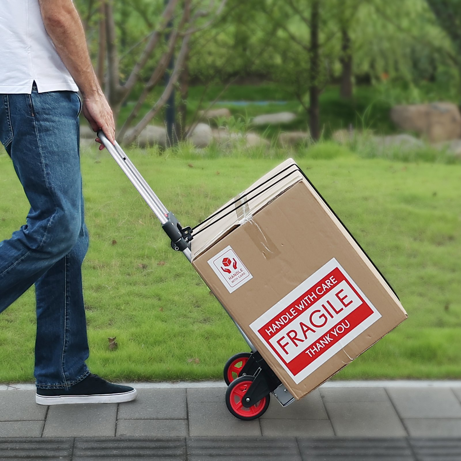 Start2Finish VEVOR folding hand truck with telescoping handle, aluminum construction, PP+TPR wheels, for home, office, or travel use.