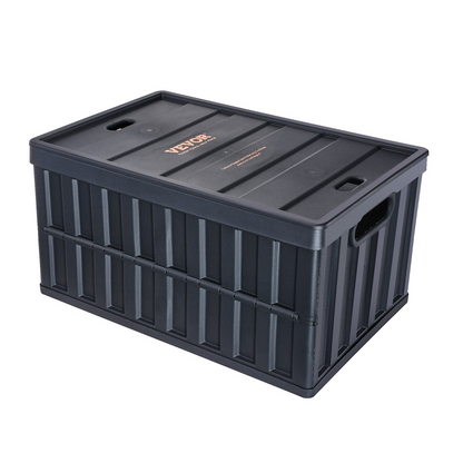 Start2Finish VEVOR collapsible plastic storage bins with lids, 65L, stackable utility crates for organizing clothes, toys, and groceries.