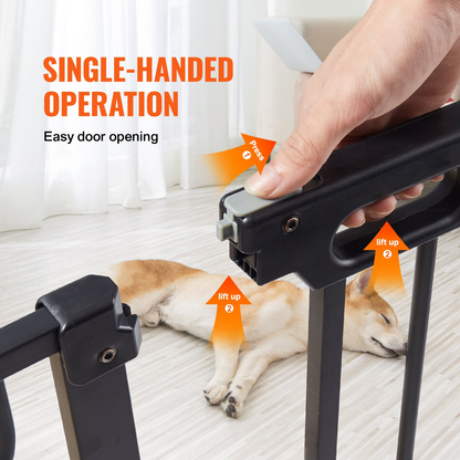 Start2Finish VEVOR baby gate in black, 30-inch high, extra wide 29.5-46.4 inches, with walk-thru, auto-close, pressure and wall mount