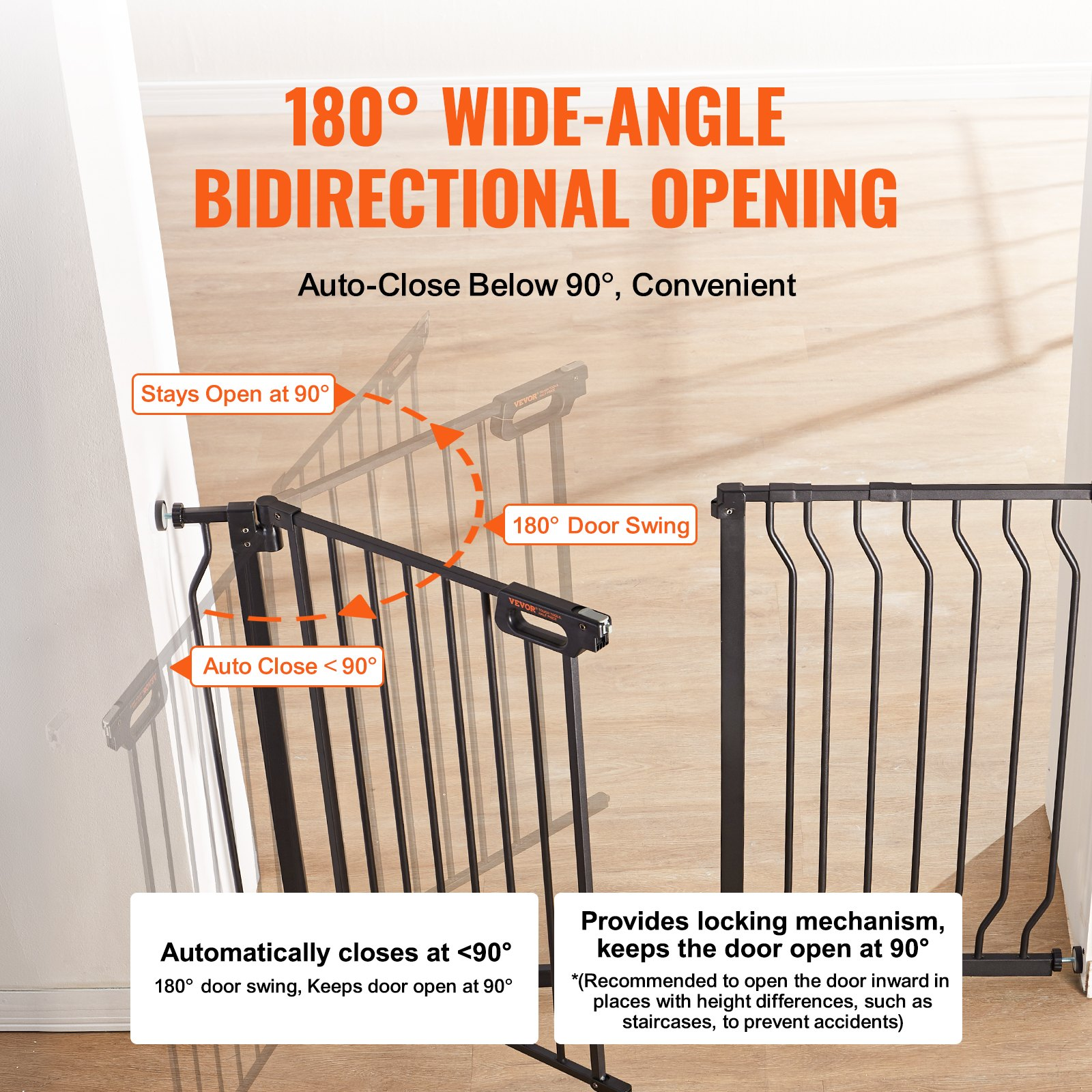 Start2Finish VEVOR baby gate, black, 30-inch high, extra wide 29.5-46.4 inches, with pressure mount and wall mount options for stairs and doorways.