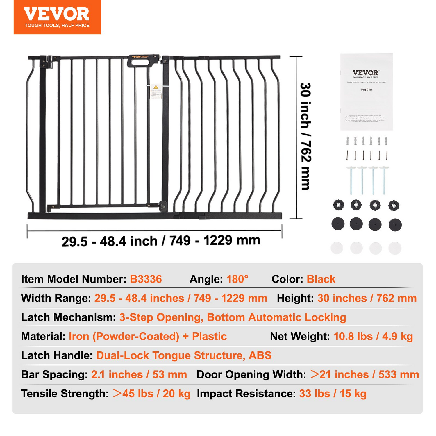 Start2Finish VEVOR baby gate, black, 30-inch high, adjustable width 29.5-46.4 inches, pet and child safety gate with walk-thru feature.