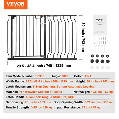 Start2Finish VEVOR baby gate, black, 30-inch high, adjustable width 29.5-46.4 inches, pet and child safety gate with walk-thru feature.