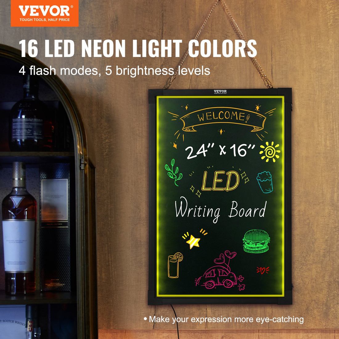 Start2Finish VEVOR LED message board with neon effect, 24x16 inches, illuminated chalkboard with fluorescent markers and remote control.