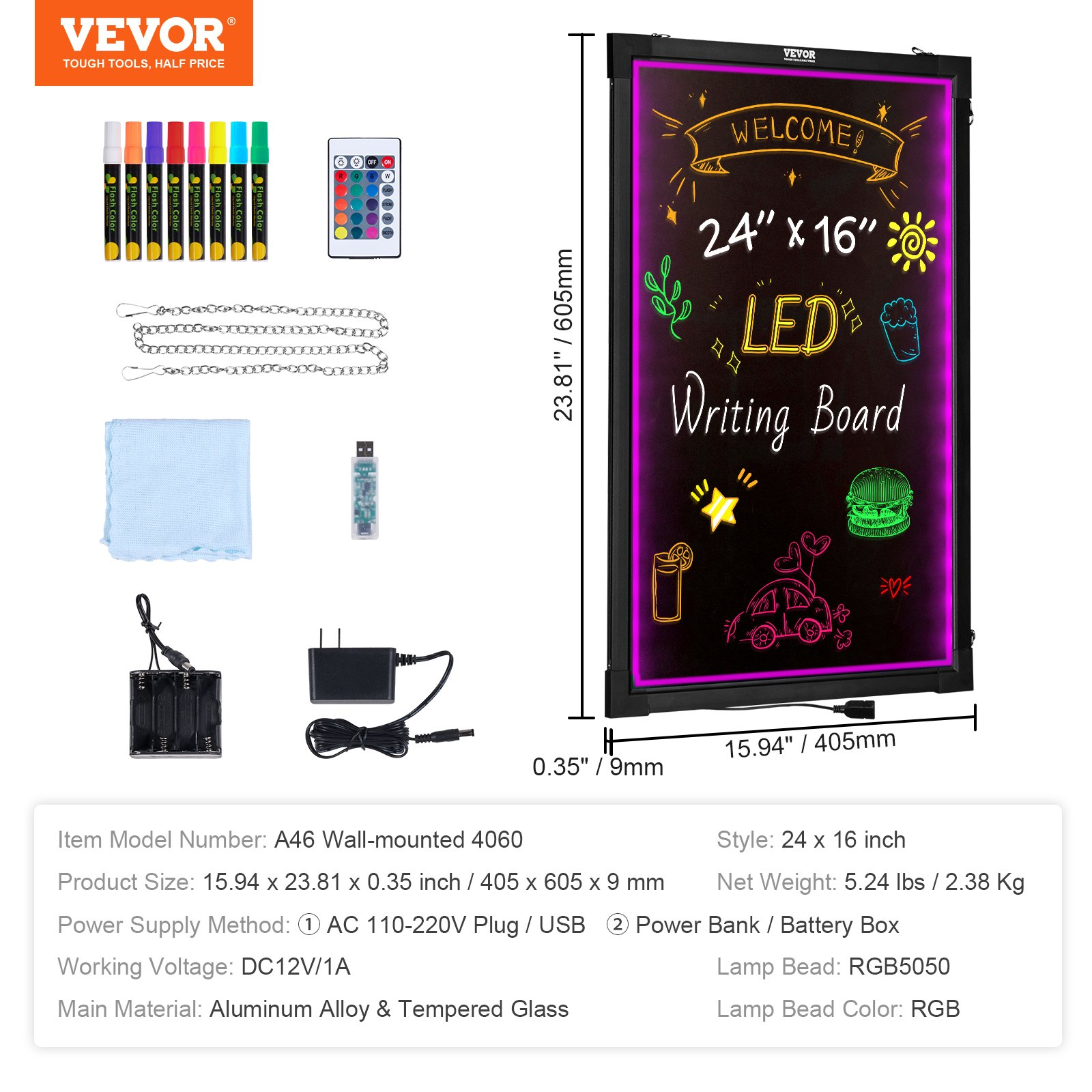 Start2Finish VEVOR LED message writing board 24x16 inches with fluorescent chalk markers and remote, illuminated erasable chalkboard for home.