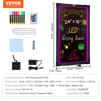 Start2Finish VEVOR LED message writing board 24x16 inches with fluorescent chalk markers and remote, illuminated erasable chalkboard for home.