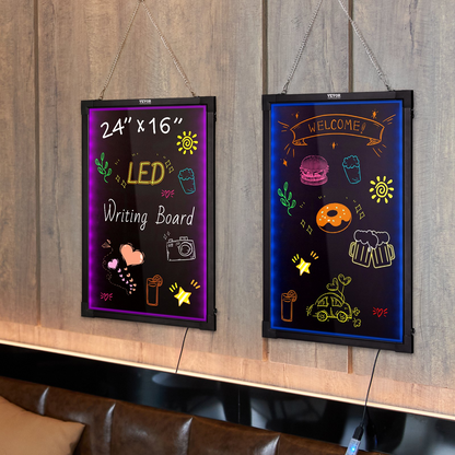 Start2Finish VEVOR LED message writing board, 24x16 inch illuminated erasable chalkboard with neon effect and fluorescent chalk markers.
