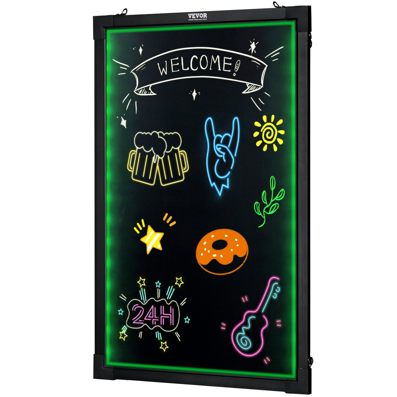 Start2Finish VEVOR LED message writing board, 24x16-inch illuminated chalkboard with fluorescent markers and remote control.