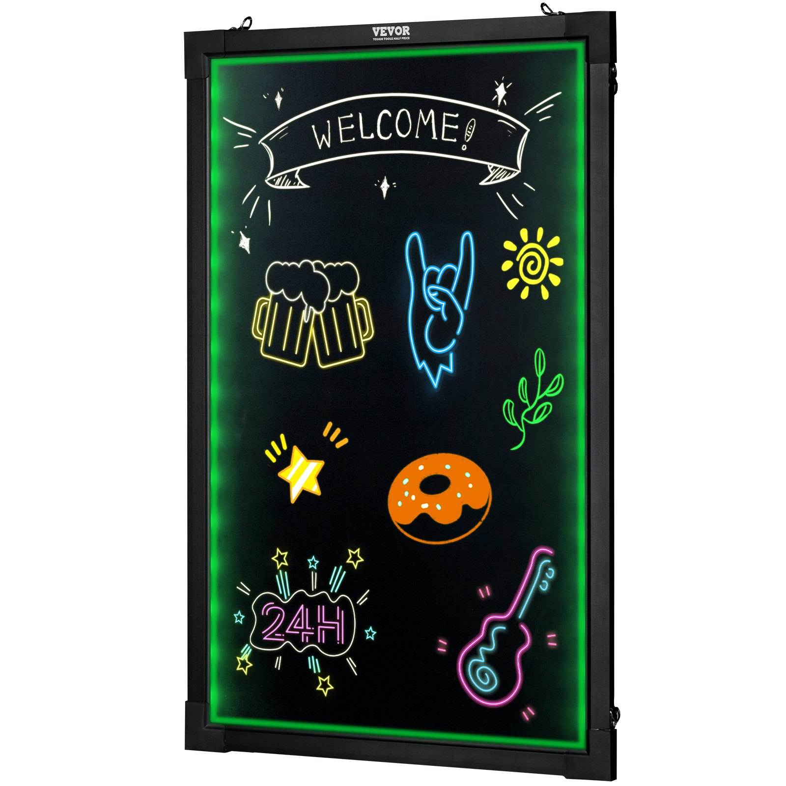 Start2Finish VEVOR LED message writing board, 24x16-inch illuminated chalkboard with fluorescent markers and remote control.