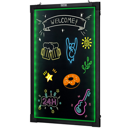 Start2Finish VEVOR LED message writing board, 24x16-inch illuminated chalkboard with fluorescent markers and remote control.