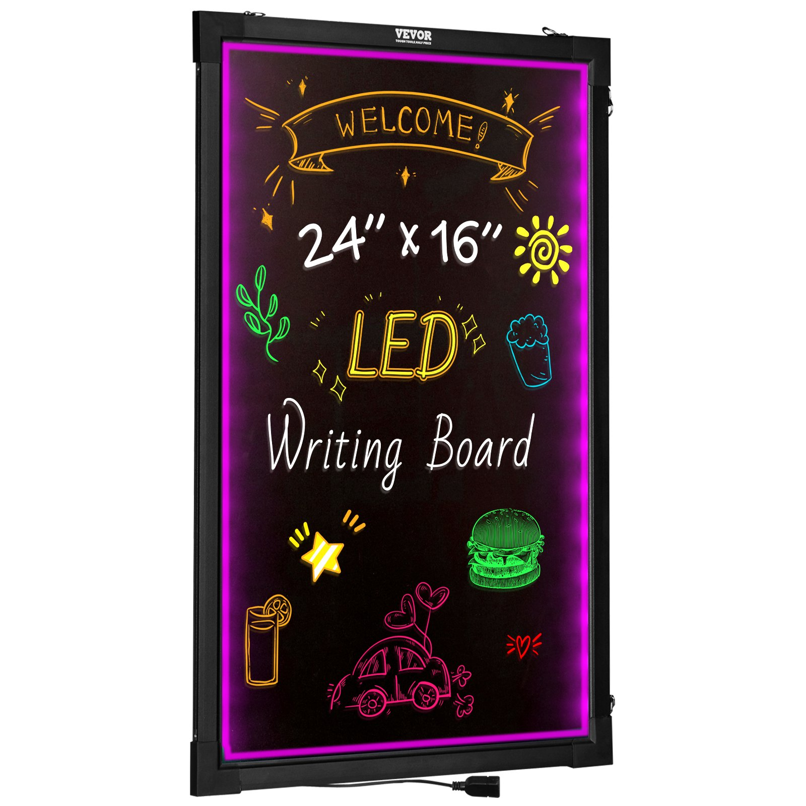 Start2Finish VEVOR LED message writing board, 24x16-inch illuminated erasable chalkboard with fluorescent markers and remote control.