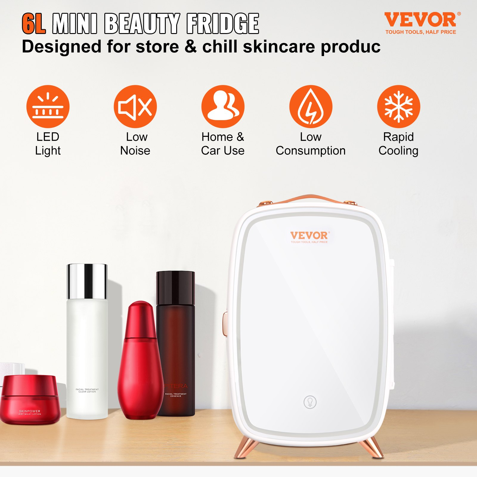 Start2Finish Vevor 6L mini beauty fridge with mirror, LED light, white exterior, ideal for skincare, makeup, and beverages.