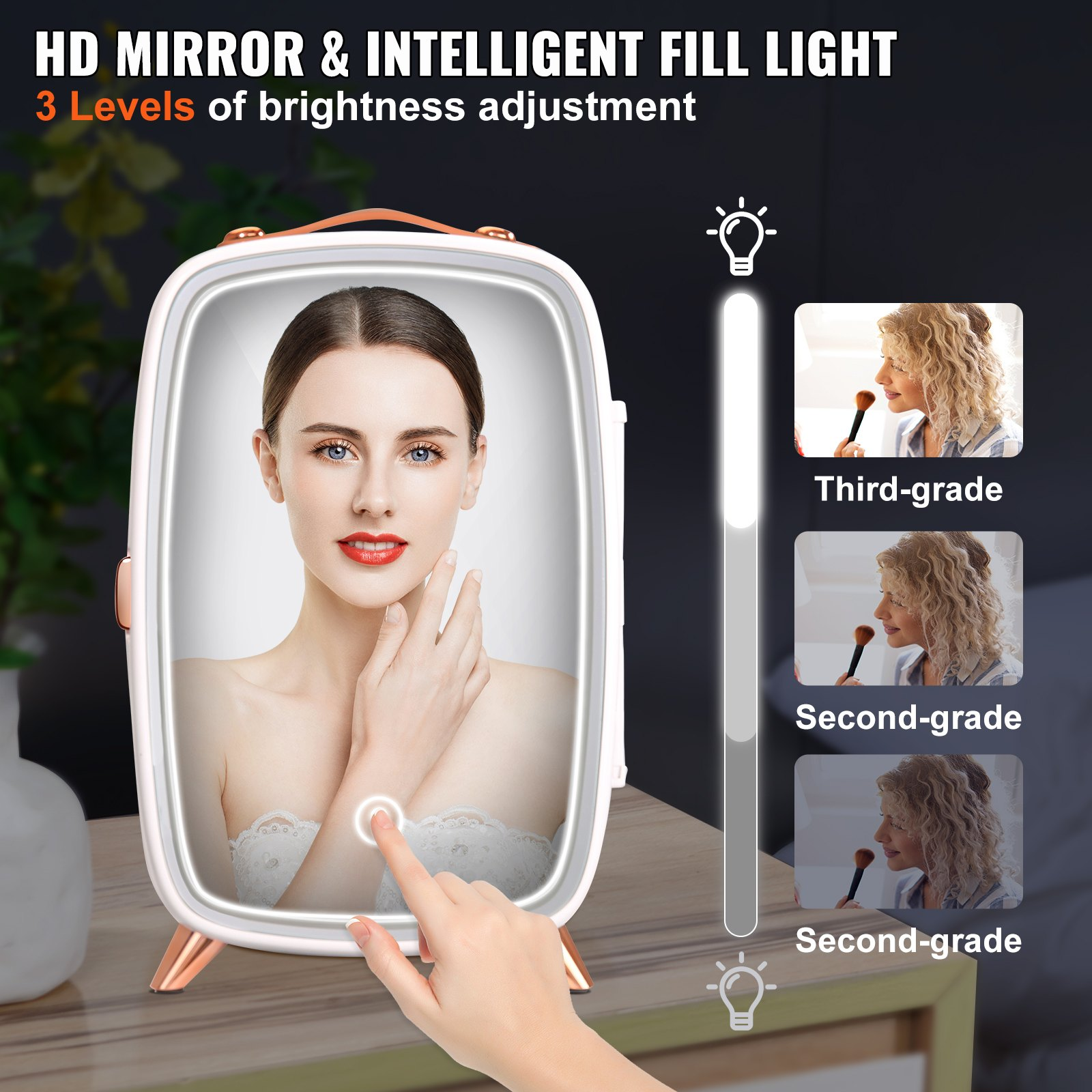 White Vevor mini fridge for beauty with mirror and LED light, ideal for skincare, makeup, and beverages in bedroom or office.