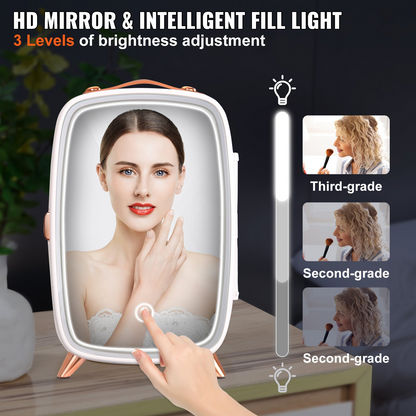 White Vevor mini fridge for beauty with mirror and LED light, ideal for skincare, makeup, and beverages in bedroom or office.