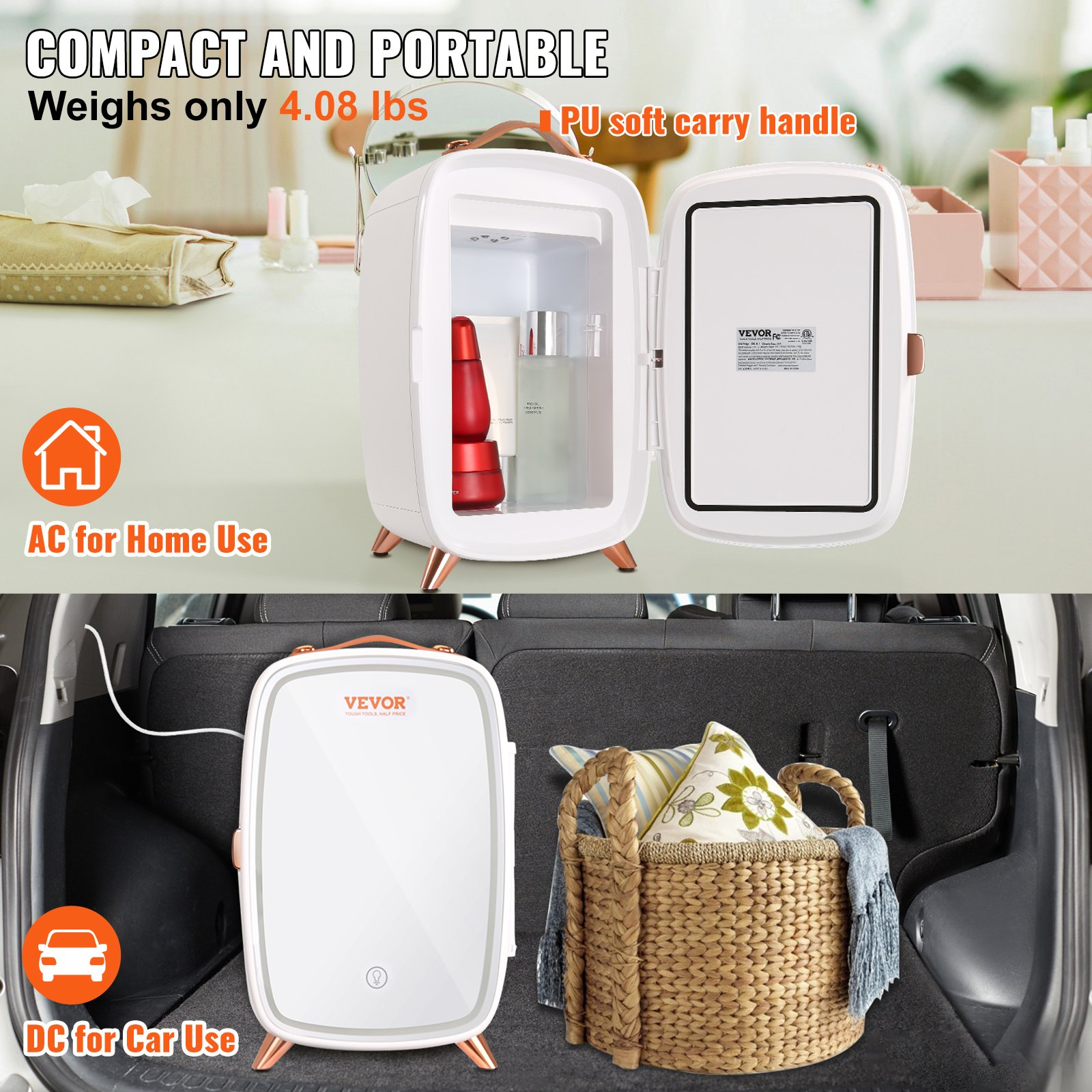 Start2Finish Vevor mini fridge for beauty and skincare, white 6L cosmetic fridge with mirror and LED light for bedroom or office.