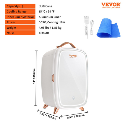 Start2Finish mini beauty fridge with mirror and LED light, white 6L cosmetic refrigerator for skincare, makeup, and beverages.