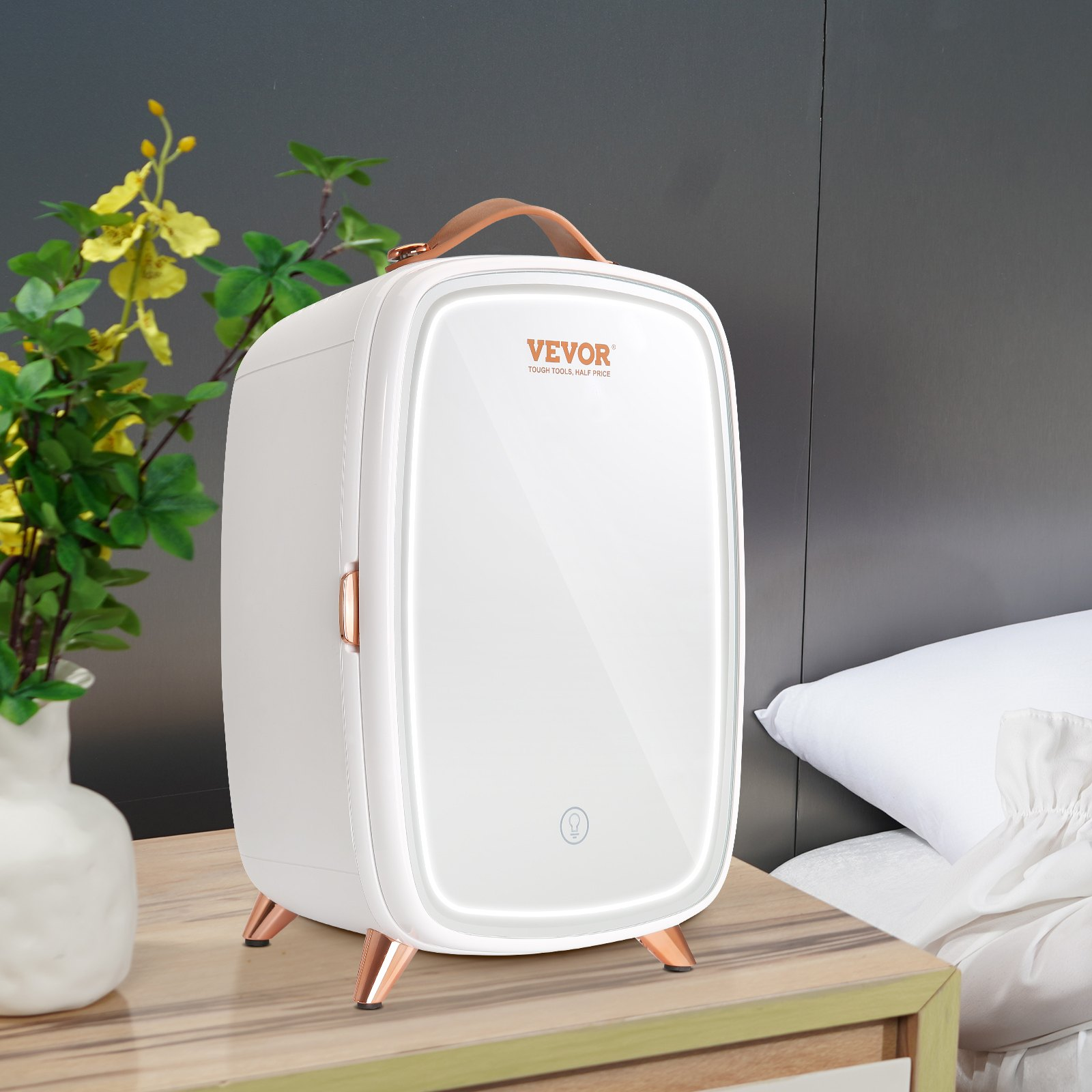 Start2Finish mini beauty fridge with mirror, LED light, white compact design, ideal for skincare, makeup, and beverages.
